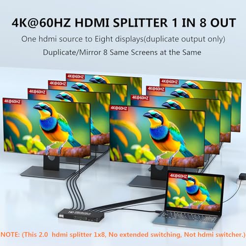 4K@60Hz 1x8 HDMI Splitter 1 in 8 Out,4:4:4,18 Gbps,8 Port Powered HDMI 2.0 Splitter Support Auto Down Scaler, 4K 1080P Sync, HDR10,3D, Only Duplication/Mirror Screens (Not Extend) for PS5/Xbox/HDTV - size: 1x8 splitter 4K@60Hz