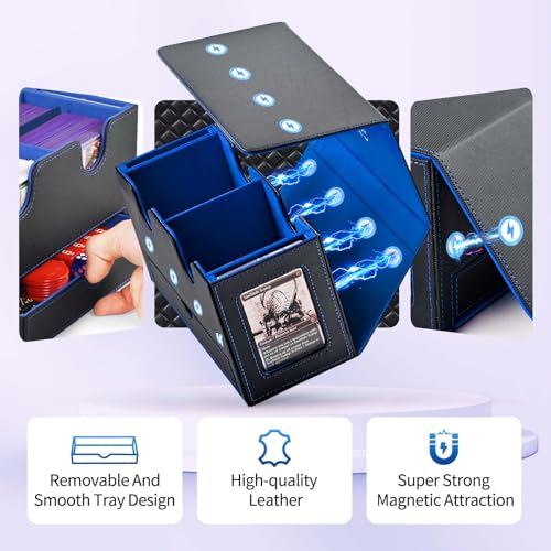 UAONO 3-in-1 MTG Commander Deck Box, Black Blue | 2 Magnetic Card Holders & 1 Dice Tray, Fits 200 Double Sleeved, Card Organizer Compatible with Magic the Gathering - color: Black&Blue