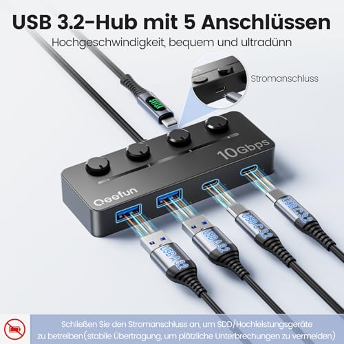Qeefun 4-Port USB 3.2 Hub with 2 USB-C and 2 USB-A Ports, Individual LED Power Switches,10Gbps Data Transfer USB Splitter with 4ft Extension Cable, Multiple USB Extender for Laptop, PC, iMac etc