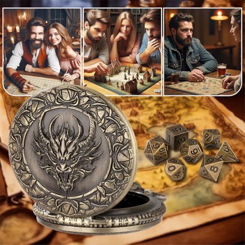 Mini DND Dice Set, Steampunk Dragon Head Pocket Watch Shell Case, 7 Piece Polyhedral D&D Dice, DND Leather Gift Bag with Dragon Logo, MTG, Role Play Board Game Accessories, Bronze Dragon Gifts - color: Dragon Head