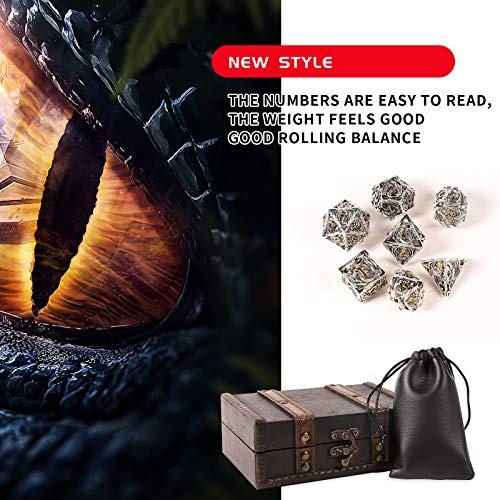 7pcs Metal Dice Set D&D,Unique New Dragon Pattern DND Metal Dice Set | Used for Dungeons and Dragons Role Playing Game(RPG),MTG,Pathfinder,Table Game,Board Games - color: Silver