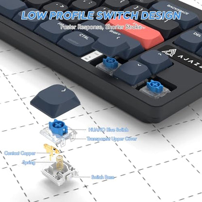 A.JAZZ AKL680 65% Low Profile Wireless Mechanical Keyboard, BT/2.4Ghz Dual Mode 68 Keys Gaming Keyboard with Ultra-Thin Blue Switches for PC/Laptop/Windows/Mac(Blue/Black) - color: Blue/Black/Blue Switch
