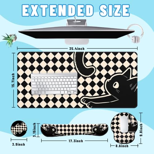 Black Cat Desk Mat Set Minimal Checkerboard Large Mouse Pad with Wrist Rest 4-in-1 Desk Mat for Desktop Ergonomic Computer Desk Arm Wrist Anti-Slip Computer Ergonomic Mouse Pad Home Office Gaming - color: Minimal Black Cat, size: 34.5" x 15.7"
