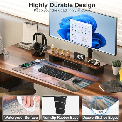 Wireless Charging Mouse Pad, 31.5"x15.8" in, Beach Sunset | Anti-Fray Stitched Edges, Waterproof Premium Textured Surface, Non-Slip Rubber Base, with 20W PD Adapter - color: Sunset Beach-31.5"x15.8"(with Wall Charger)
