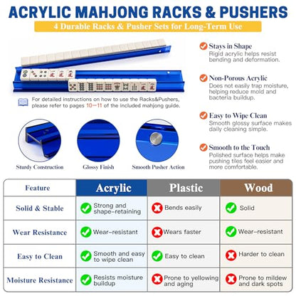 American Mahjong Set 166 Tiles with 4 Acrylic Racks&Pushers (Blue) | 166 premium cream ivory tiles with 4 acrylic racks/pushers 4 guides, scoring coins, dice, wind indicator & carrying bag