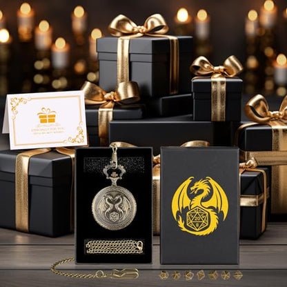 Mini DND Dice Set with Steampunk Double Dragon Pocket Watch Case, Tiny 7-Piece Polyhedral Metal D&D Dice, DND Gifts with Gift Box, Role Playing Game Board Game Accessories Dice, Bronze - color: Bronze