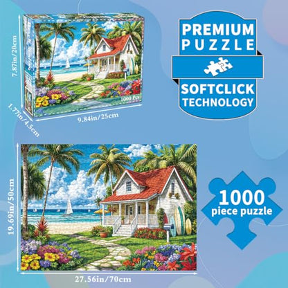 Jigsaw Puzzles for Adults 1000 Piece Puzzle for Adults 1000 Pieces Puzzle 1000 Pieces-Summer Beach Vacation -Surfing, Coconut Trees, Wooden Houses - color: Beach Surfing