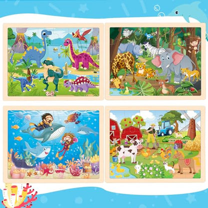Puzzles for Kids Ages 4-6, 4 Packs Wooden Animals Jigsaw Puzzles for Toddlers Ages 3-5, Preschool Educational Puzzles Boards Toys Gifts for 3 4 5 6 Boys Girls - style: Animals