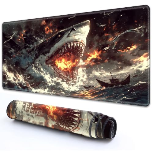 for TCG MTG Commander Playmat 24 x 14 Inch Trading Card Game Mat | Thick Non Slip Rubber Playmat With HD Fade Resistant Printing for All Card Games, Giant Fire Great White Shark - color: Giant Fire Great White Shark, size: 24" x 14"