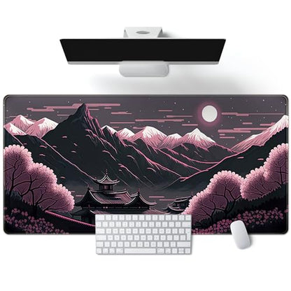 Sakura Blossom Desk Mat Japanese Scenery Mountain Large Mouse Pad XXL Extended Gaming Mousepad Japan Black Pink Aesthetic Desk Pad Keyboard Mouse Mat 31.5''X15.7'' Desk Decor - color: Sakura Blossom