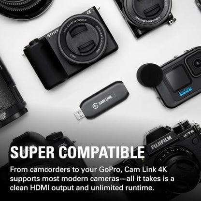 Elgato Cam Link 4K Capture Card for DSLR, Camcorder, Action Cam | HDMI to USB 3.0, Stream in 1080p60 or 4K30/60, Ultra-low latency, Works with OBS, Zoom, Discord, PC/Mac/iPad compatible