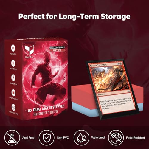 Fury Red MTG Card Sleeves, Hypttior Dual Matte Textured 100 Card Sleeve with 100 Inner Sleeves for Standard Card, MTG, PKM, Baseball Card, Sports Cards - color: Fury Red