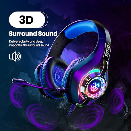 Tatybo Gaming Headset for PS5 PC, Noise Canceling Mic, RGB, Black Blue | Over Ear, Deep Bass Stereo Sound for FPS, Battle Royale, Lightweight Headset for Xbox, PS4, Mobile, Nintendo, 3.5mm devices - color: Black Blue