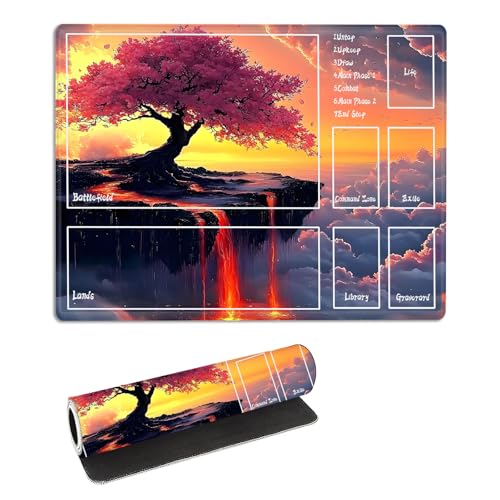 for MTG Playmat with Zones Storage Bag,for TCG Playmat and Playing Card Mat for Magic Board Games, Cherry Tree Non Slip Stitched Edges Game Mat, Rollable Foldable Card Play mats - color: Cherry Tree, size: With Zone 17.32''x13.78''