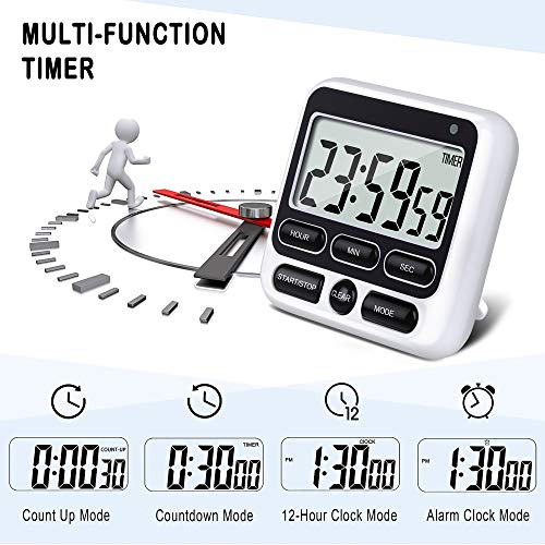 4-in-1 Digital Timer with Count Up/Down, Clock & Alarm, Ring & Silent Modes | Large 2.8-Inch easy-read LCD, On/Off switch, 24-Hour count up/down, Fast-forward function, Magnetic back, stand, hanging hole - color: Black