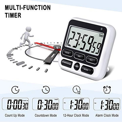 4-in-1 Digital Timer with Count Up/Down, Clock & Alarm, Ring & Silent Modes | Large 2.8-Inch easy-read LCD, On/Off switch, 24-Hour count up/down, Fast-forward function, Magnetic back, stand, hanging hole - color: Black