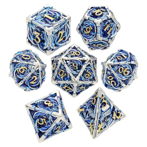 MoKo Dragon Hollow Metal DND Dice Set, Blue+Gold | 7 Pcs Polyhedral, D20 D12 D10 D8 D6 D4, For Dungeons and Dragons RPG Games, With Gift Box - color: 4 - Blue+gold