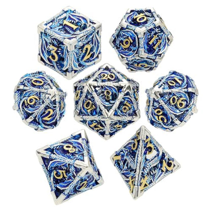 MoKo Dragon Hollow Metal DND Dice Set, Blue+Gold | 7 Pcs Polyhedral, D20 D12 D10 D8 D6 D4, For Dungeons and Dragons RPG Games, With Gift Box - color: 4 - Blue+gold