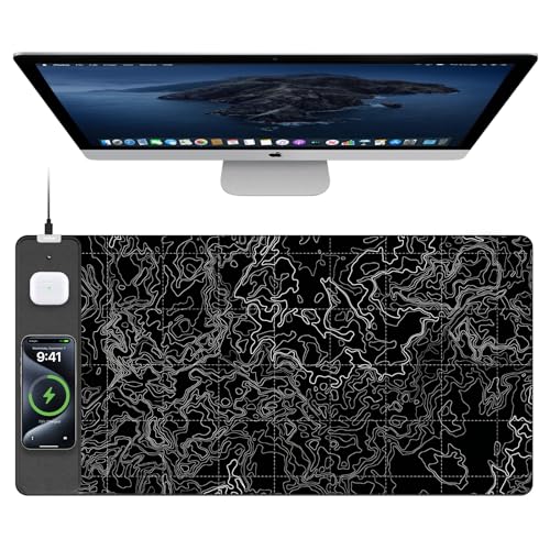 TopMade Mouse Pad with 15W Fast Wireless Charging, 31.5"x15.75" XXL Large Gaming Waterproof Desk Pad with Ultra-Smooth Surface, Non-Slip Base, Computer Desk Mat, Black Topographic Map #3 - color: Black Topographic Map #3
