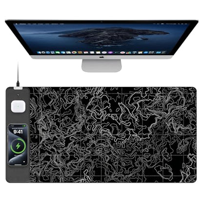 TopMade Mouse Pad with 15W Fast Wireless Charging, 31.5"x15.75" XXL Large Gaming Waterproof Desk Pad with Ultra-Smooth Surface, Non-Slip Base, Computer Desk Mat, Black Topographic Map #3 - color: Black Topographic Map #3