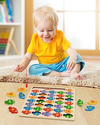 Coogam Magnetic Alphabet Numbers Fishing Game, Wooden ABC Letter Numbers Color Matching Puzzle Fine Motor Montessori Educational Toy for Preschool 3 4 5 Year Old Toddlers