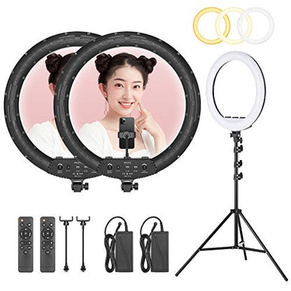 AMBITFUL Ring Light RL-480 18in Ring Light Lamp 60Ws 3000~6000K 480 Beads LED with 180cm Light Stand,Carrying Bag for Live Streaming/SLR Camera/Phone Video Shooting (2PCS) - color: 18 inch