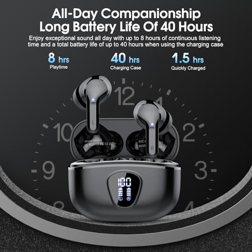 Wireless Earbuds, Bluetooth 5.4 Headphones HiFi Stereo, Bluetooth Earbuds with ENC Noise Cancelling Mic, IP7 Waterproof in Ear Earphones, 48H, LED Display Ear buds for Pad Workout Sports, Black - color: Black