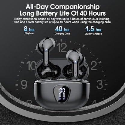 Wireless Earbuds, Bluetooth 5.4 Headphones HiFi Stereo, Bluetooth Earbuds with ENC Noise Cancelling Mic, IP7 Waterproof in Ear Earphones, 48H, LED Display Ear buds for Pad Workout Sports, Black - color: Black