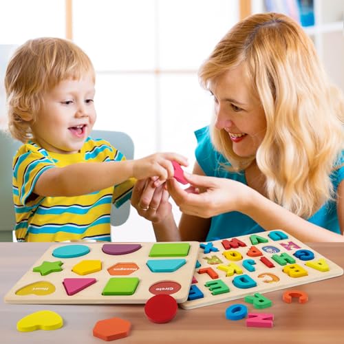 Attmu Wooden Puzzles for Toddlers, 3 Pcs Alphabet Puzzle ABC Shape Number Puzzle, Learning Toys for Kids, Preschool Educational Activities Toddler Gift Toys for Girls Boys Christmas Valentines Easter - size: 3 Pack