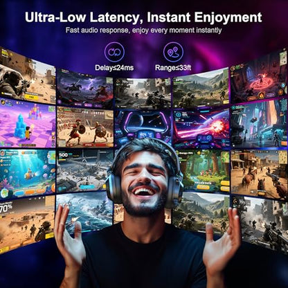 Vakedy Wireless Gaming Headset with Mic for PS5, PS4, PC, Switch, Mac, 2.4GHz & BT Gaming Headphones, 50H Battery, 24ms Low Latency for Fortnite & Call of Duty/FPS Gamers, RGB Lights, Black | 2.4GHz & BT Gaming Headphones, 50H Battery and Noise Canceling