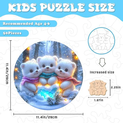 Winter Wooden Puzzles for Kids - Family Bear (11.4 * 11.4 in) | 50 Piece Puzzles for Kids Ages 6-8, Kids Puzzles with Unique Animal Shapes, Round Gift for Girls and Boys - color: Family Bear