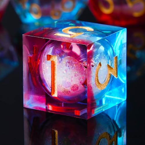 Liquid Core DND Dice Set, 7pcs Sharp Edge Dice for Role Playing Dungeons and Dragons Ttrpg with Gift Box, Handmade Resin D&D Dice RPG Role Playing Games Dice Set(Blue-Red&Quicksand) - color: Liquid-blue Red