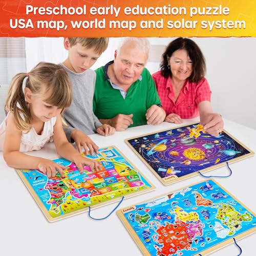 SYNARRY Large USA World Solar System Wooden Magnetic Puzzles for Kids Ages 4-6, Wood Puzzles Educational Games Toys Easter Gifts for Toddlers, United States World Space Map for Boys Girls Ages 3-5 4-8 - style: Magnetic USA World Solar System