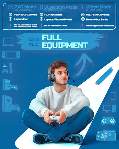BINNUNE Wireless Gaming Headset — 2.4GHz Low-Latency USB Dongle + Bluetooth, 50mm Drivers 7.1 Surround, Noise-Cancelling Mic, 40H Battery — Over Ear Wireless Headphones for PS5, PC, Laptop, Blue - color: Blue, style: For PS5