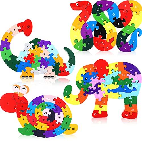 Yunsailing 4 Pcs Wooden Animal Puzzles for Kids, Double Sided Snake Jigsaw with Alphabet & Numbers for Preschool Toddler Learning Educational Activities(Snake, Dinosaur, Elephant, Snail) - style: Snake, Dinosaur, Elephant, Snail