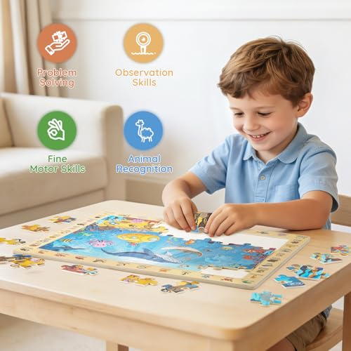 Joyreal Wooden Puzzles for Kids Ages 3-5 4-6, 4 x 60 Piece Puzzles | Match & Find, Educational Animal Learning Toys, Boys Girls Easter Birthday Gifts, Safari Ocean Farm Forest Activities
