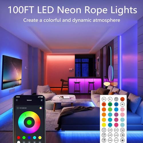 100FT Led Rope Lights,Flexible Neon Light Control with App/Remote,Multiple Modes,IP65 Outdoor Waterproof,Music Sync Strip for Bedroom - size: 100FT-Neon Rope Lights