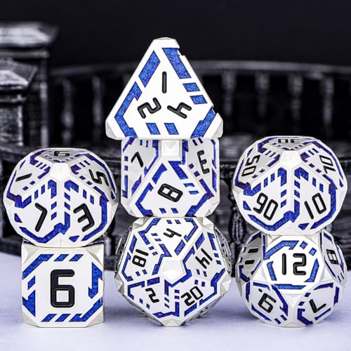 Metal DND Sci-fi Dice Set 7PCS Stripe Polyhedral Dice for Dungeons Dragons RPG Role Playing Game, Glitter D and D Dice with Gift Box D6 D8 D10 D12 D20 (Silver Blue) - color: Silver Blue