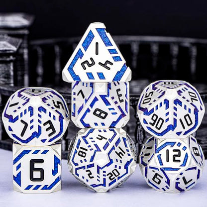 Metal DND Sci-fi Dice Set 7PCS Stripe Polyhedral Dice for Dungeons Dragons RPG Role Playing Game, Glitter D and D Dice with Gift Box D6 D8 D10 D12 D20 (Silver Blue) - color: Silver Blue