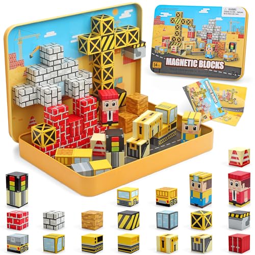 54 Pcs Mini Magnetic Blocks Travel Toys with Iron (Yellow) | Kids 3+ Mini Magnetic Cubes for Airplane & Car Ride Portable Storage Box Toddler Gifts Christmas Halloween New Year birthday