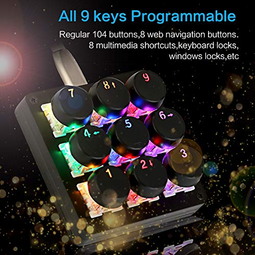 Koolertron One Handed Macro Mechanical Keyboard,RGB LED Backlit Portable Mini Gaming Keypad OSU! Keyboard 9 Fully Programmable Keys Blue Switches with Retro Classic Typewriter Round Keycaps