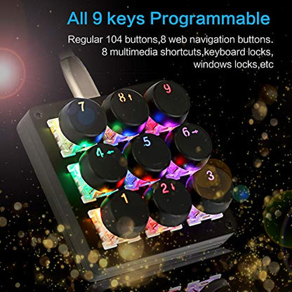 Koolertron One Handed Macro Mechanical Keyboard,RGB LED Backlit Portable Mini Gaming Keypad OSU! Keyboard 9 Fully Programmable Keys Blue Switches with Retro Classic Typewriter Round Keycaps