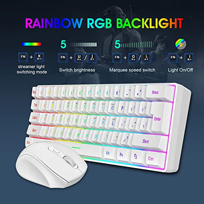 Snpurdiri 2.4G 60% Wireless Gaming Keyboard and Mouse Combo (White) | Include Small Wireless Gaming Keyboard, Ergonomic Design Mini Wireless Mouse - color: White Combo
