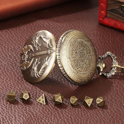 Mini DND Dice Set with Double Headed Dragon(Top Double-Sided Axe) Pocket Watch Case, 7-PCS Polyhedral Metal D&D Dice, DND Gifts with Gift Box, Role Playing Game Board Game Accessories Dice, Bronze - color: Bronze