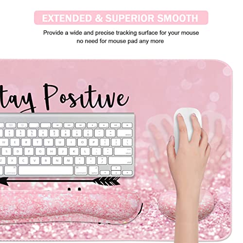 Large Mouse Pad and Keyboard Wrist Rest, Desk Pad for Keyboard and Mouse, 4-in-1 Large Gaming Mouse Pad with Wrist Support, Desk Mat for Home Office Study Game-Pink Stay Positive - color: Pink Stay Positive