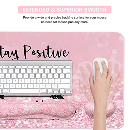 Large Mouse Pad and Keyboard Wrist Rest, Desk Pad for Keyboard and Mouse, 4-in-1 Large Gaming Mouse Pad with Wrist Support, Desk Mat for Home Office Study Game-Pink Stay Positive - color: Pink Stay Positive