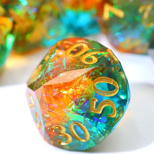 XENOLUX DND Dice Set Polyhedral Resin Dice with Diamond Cut Sharp Edges Holographic Foil Faceted Gemstone Two Color Mixed RPG TTRPG Board Games Tabletop Accessories with Metal Case - RD-Mixed2 - color: Rd-mixed 2
