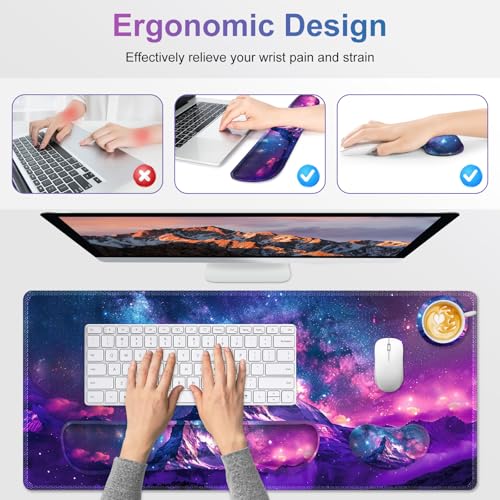 Large Gaming Mouse Pad Set, Purple 4 in1 Ergonomics Keyboard Desk Mat with Memory Foam Wrist Rest, Extended Game Mousepad, Non-Slip Desk Pad Matt Easy Typing Pain Relief I Galaxy Mountain - color: Galaxy Mountain