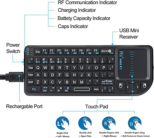 Rii 2.4G Mini Wireless Keyboard with Touchpad Mouse,Lightweight Portable Controller with USB Receiver Remote Control for Windows/ Mac/ Android/ PC/Tablets/ TV/Xbox/ PS3. X1-Black .