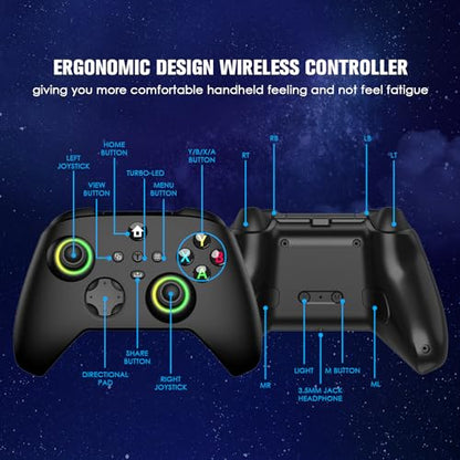 Moonag Wireless Controller for Xbox, Compatible with Xbox Series X/S/One/PC, With 2 Silicone Thumb Grips, Hall Effect Joysticks, 2.4GHz Wireless Adapter Gamepad with RGB Light, Dual Vibration, TURBO - color: Black